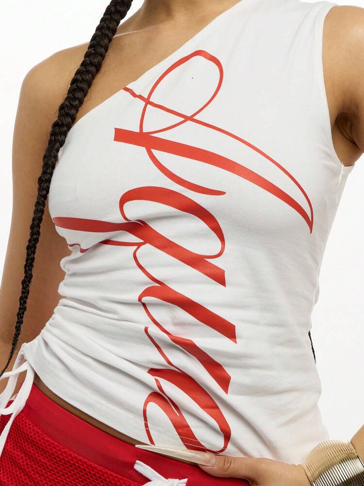 SUMWON WOMEN One Shoulder Glam Tank Top Side Ruched Drawstring