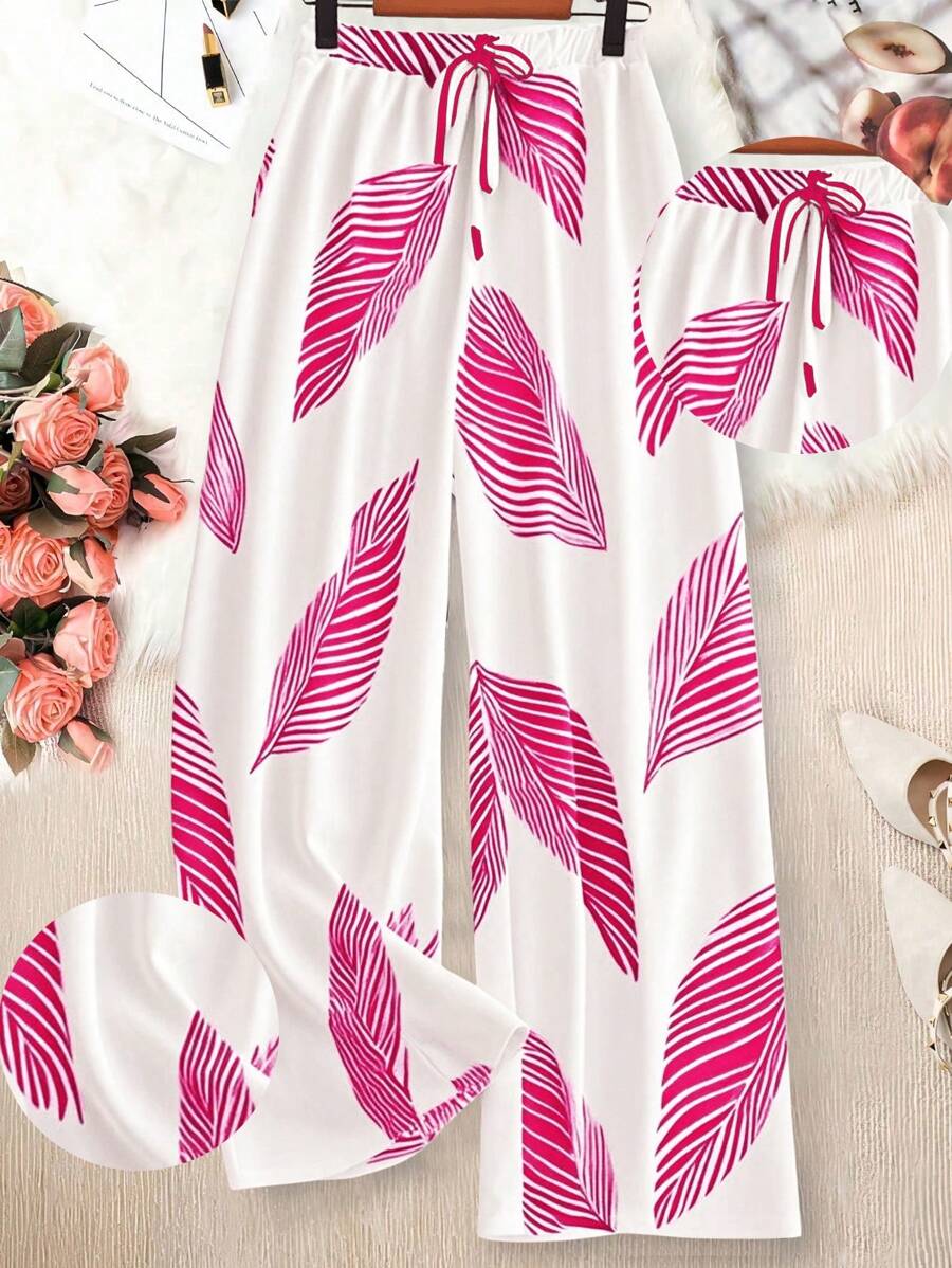 EMERY ROSE Plus Size Leaf Printed Casual Loose Pants, Suitable For Summer - Pink - View 1