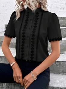 SHEIN Clasi 女式杏色花卉镶边领短袖衬衫 - 黑色 - 查看 7