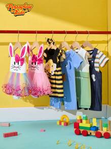 SHEIN 男婴休闲可爱卡通大象耳朵和鼻子图案连体衣柔软针织短袖连体衣，适合 0-18 个月新生儿、日常穿着、室内/户外活动、角色扮演 - 藍色 - 查看 9