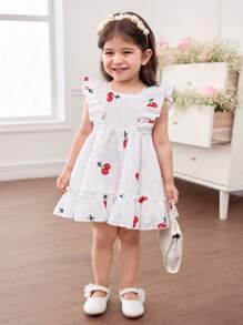 SHEIN Toddler Girls' Cute Summer Casual White Cherry Print Ruffle Trim Dress - Red and White - View 4