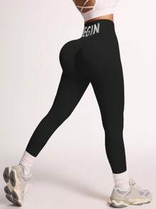 SHEIN Dewbera Legginsy sportowe z nadrukiem w talii, swobodne, do jogi, damskie - Czarne - Zobacz 2