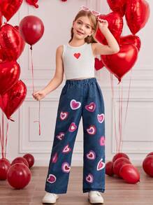 Tween Girl' Pink Heart & Blue Denim Effect Straight Leg Pants - Multicolor - View 6