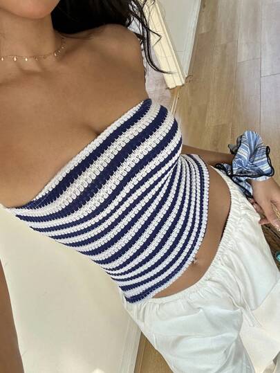 SHEIN PETITE 女士夏季休闲百搭针织条纹露背短款吊带背心