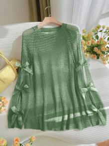 SHEIN Privé 加大码绿色文艺复兴博览会蝴蝶结透明针织套头衫，毕业典礼 - 綠色 - 查看 7