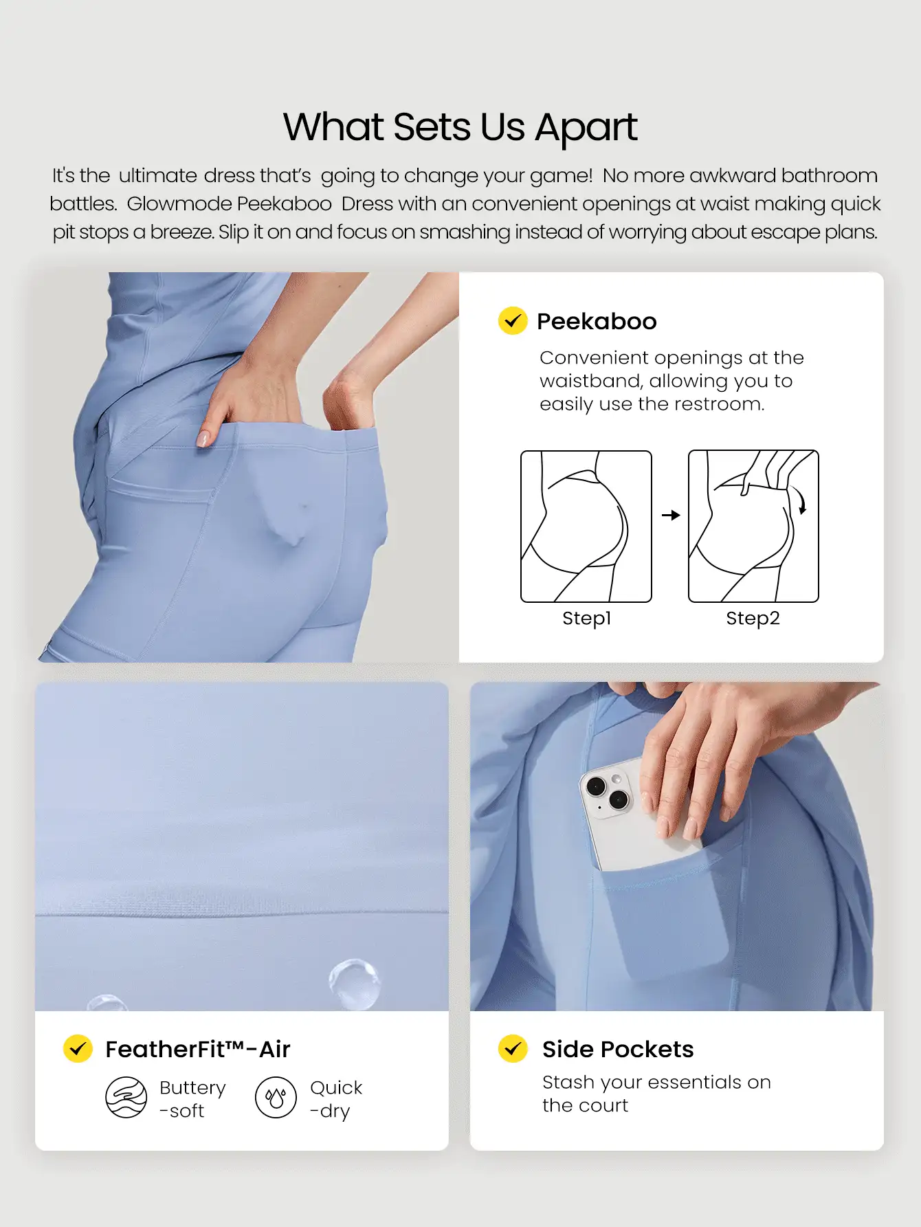 GLOWMODE FeatherFit™-Air Peekaboo Mini Dress With Built-In Shorts Pocket Square Neck Anti-Slip Crisscross Light Support Low Impact Quick Dry Moisture Wicking Spring Summer