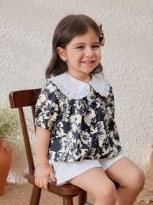 Blossori Baby Girls Elegant French Style Black Ditsy Ditsy Floral Loose Blouse, Spring/Summer - Black and White - View 7