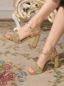 CUCCOO TILAWA Women's Gold Square Toe Woven Texture Block Heel Sandals, High Heel Slip-On Shoes - Gold - View 13