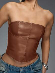 MISSGUIDED Parte superior con estructura de corsé de piel sintética sin tirantes, tipo bustier, para otoño e invierno, apropiada para fiestas, clubes y salidas nocturnas, con diseño de panel de tórax con ballenas