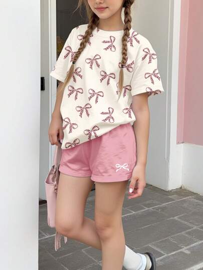 SHEIN Leap Crew 2pcs/Set Tween Girls Leopard Bow Graphic Casual Minimalist Short Sleeve Crew Neck T-Shirt And Shorts Set, Summer