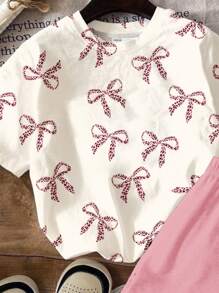 SHEIN Leap Crew 2pcs/Set Tween Girls Leopard Bow Graphic Casual Minimalist Short Sleeve Crew Neck T-Shirt And Shorts Set, Summer - Multicolor - View 4