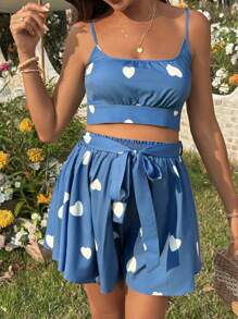 SHEIN 2 件孕妇爱心印花无袖上衣和迷你裙休闲套装