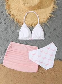 SHEIN Tween Girls 3 件套粉色蝴蝶印花比基尼套装带迷你裙，时尚度假风格，适合游泳、度假、夏季 - 粉色 - 查看 2