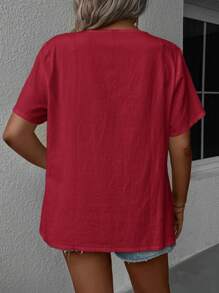 EMERY ROSE Blusa de talla grande de unicolor casual con aplicaciones de encaje - Burdeos - Ver 2