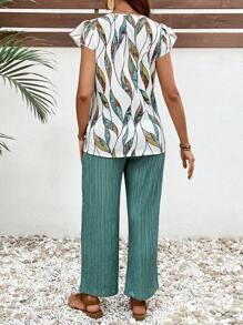 SHEIN 夏季休闲两件套孕妇装V领荷叶边全印花上衣搭配纯色纹理裤套装 - 綠色 - 查看 2