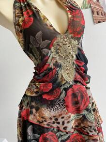 Soleia Women Floral Print Halter Sexy Mini Dress, Vacation Style - Multicolor - View 6