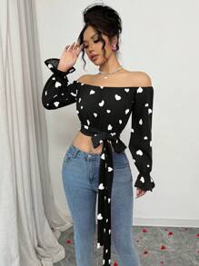 SHEIN Raffinéa Blusa de manga larga para mujer para el Día de San Valentín, blusa de hombros descubiertos con estampado de corazón y moño, primavera/verano - Blanco y Negro - Ver 6
