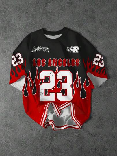 SHEIN Y2K 风格休闲经典火焰图案短袖圆领 T 恤，时尚运动风，适合夏季青少年男孩