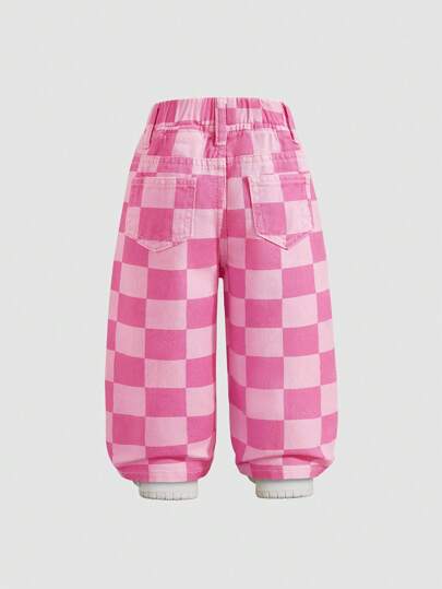 Elladie kids Denimly Baby Girl Casual Outdoor School Fashion Versatile Baby Denim Elastic Waist Plaid Pattern Washed Denim Pants