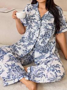 Dream Adore Traditional Chinese Style Portrait & Landscape Print Plus Size Short Sleeve Pajama Set With Collar