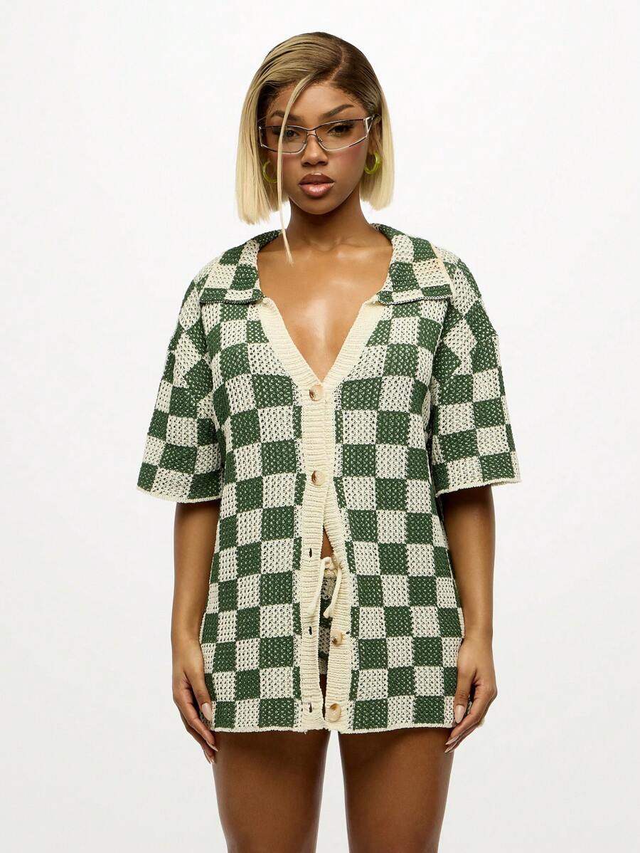 复古棋盘格纽扣超大开衫，Y2K 美学，学院风与街头风，秋冬 - 彩色 - 查看 1