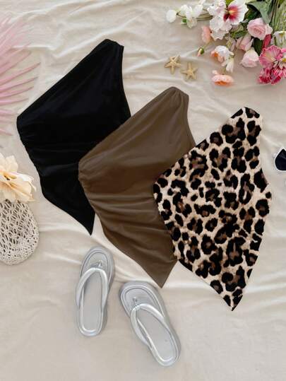 Soleia 3 piezas Blusas informales de mujer con estampado de leopardo simple, aptas para el verano