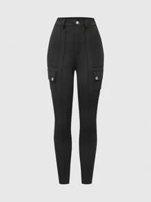 Menodora SHEIN Sport Celana Legging Rajut Musim Panas Warna Polos Kasual Anti-UV Movishi untuk Wanita - Hitam - View 7