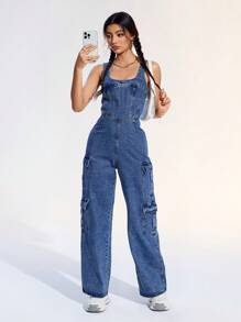 SHEIN EZwear 女士休闲洗水牛仔连身裤 - 深色水洗藍 - 查看 1