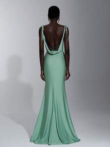 SHEIN Belle 优雅绿色细肩带系带蝴蝶结露背水钻链条装饰美人鱼伴娘礼服 - 薄荷綠 - 查看 1