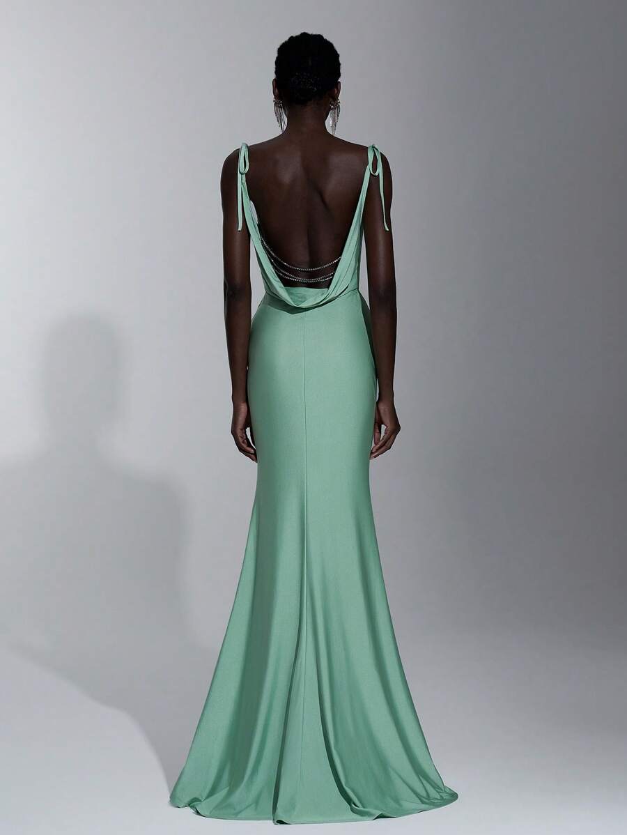 SHEIN Belle 优雅绿色细肩带系带蝴蝶结露背水钻链条装饰美人鱼伴娘礼服 - 薄荷綠 - 查看 1