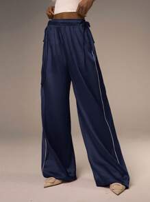 Athîral Women Loose High Waist Wide Leg Pants With Side Ribbon Tie - Navy Blue - View 2