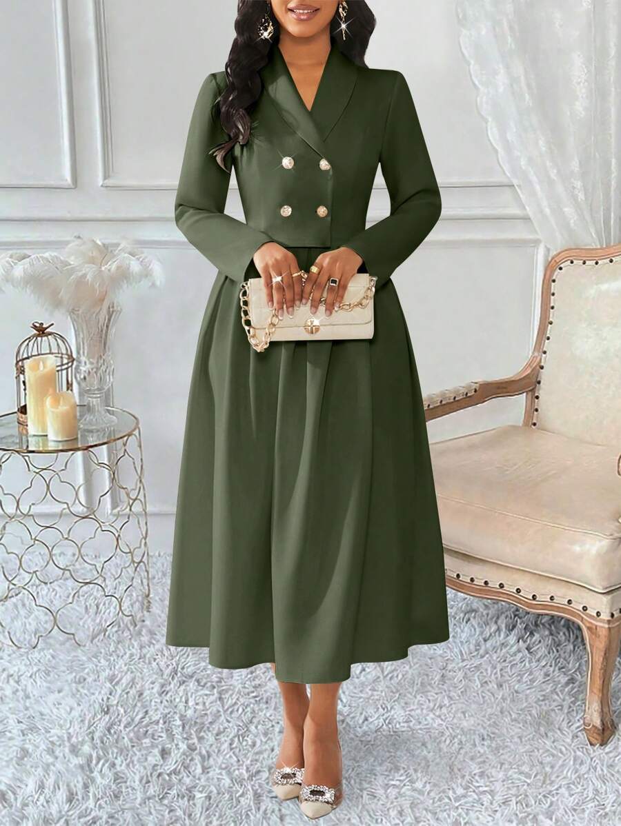 SHEIN Unity 2pcs Women's Suit Set: Cropped Double-Breasted Blazer & Pleated Midi Skirt - Olive Green - View 1