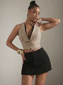 Hauture Lace Trim Collared Vest With Open Lace Back - Apricot - View 4