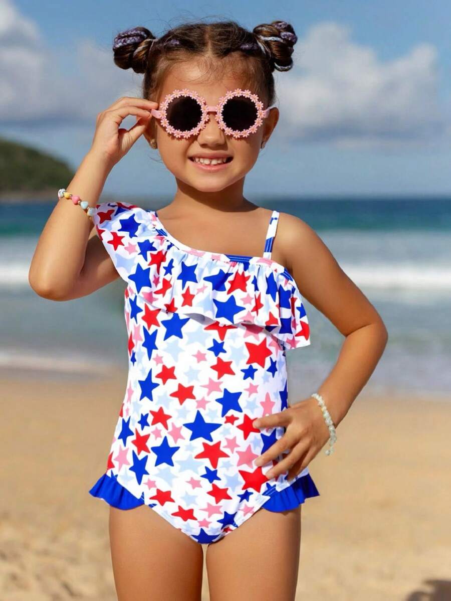 Young Girls Red And Blue Star Print Ruffled One-Piece Swimsuit,July 4th Swimsuit - Multicolor - View 1