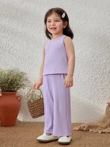 Blossori Baby Girls French Elegant Purple Knit Vest/Long Pants Set, Spring/Summer - Purple - View 6