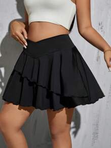 SHEIN Essnce Plus Size Women's Skirt, Tennis Skirt, Women's Culottes, Summer Shorts, Sports Culottes,Micro Shorts Skorts Summer Outfits For Women - Black - View 4