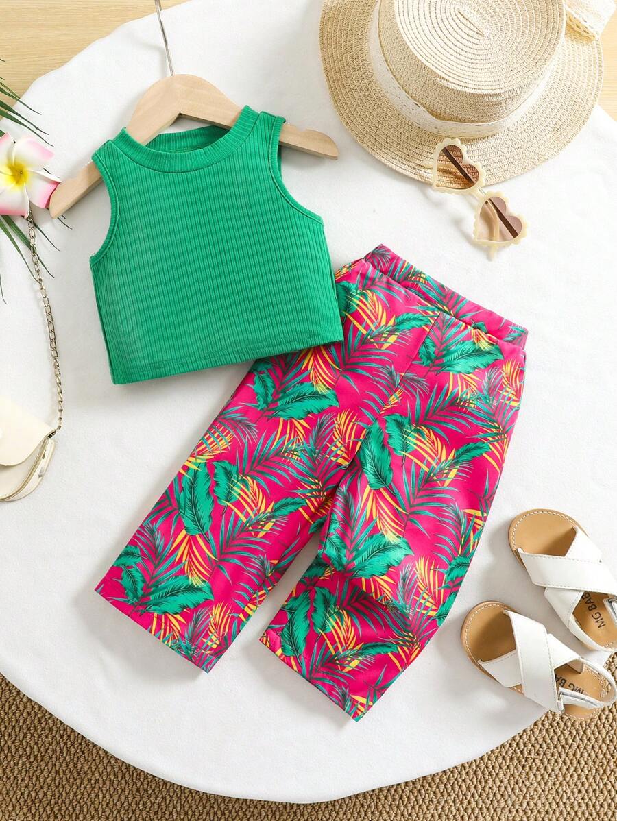 Travachic KIDS Baby Girls' Cute Floral Print Knit Camisole And Long Pants Set For Summer - Green - View 1