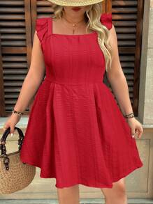 SHEIN VCAY Plus Size Women Solid Color Tie Back Casual Vacation Dress - Red - View 5