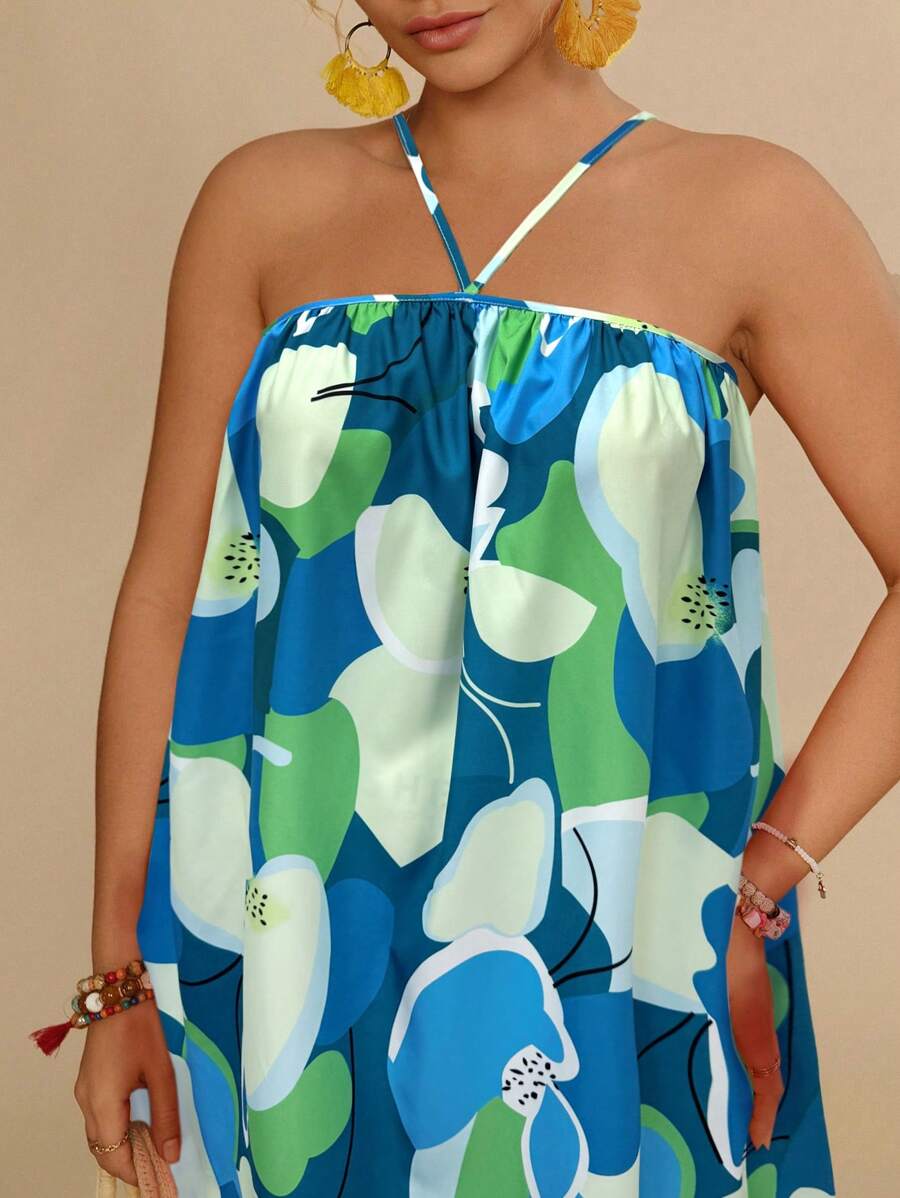 Travachic Plus Size Casual Tropical Travel Beach Floral Print Sleeveless Mini Dress In Orange For Women - Green - View 1