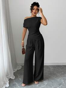 Elenzga Women Elegant One-Shoulder Sleeveless Asymmetrical Hem Fitted Top And Straight Loose Minimalist Versatile Pants 2 Pieces Set, Vacation Suit - Black - View 3