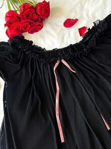 DAZY Sexy Women's Attractive Sheer Mesh Off-Shoulder Ruffle Hem Long Nightgown Pajama - Black - View 10