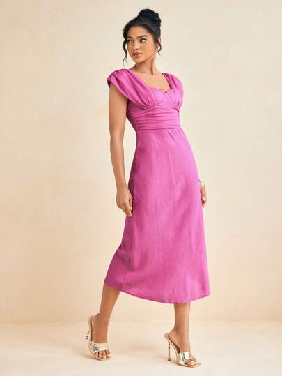 Amiko Spring Summer Hot Pink Draped Bustier Bias Women Midi Dress Vacation Sundress Wedding Guest Dress For Women Romantic Dress Cocktail Dress Semi-Formal Dress