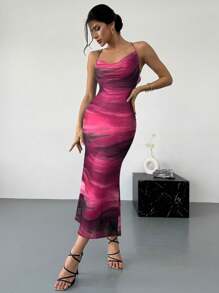 Firerie 女士优雅休闲与假日性感扎染圆领露背系带网眼透明中长紧身背心裙，夏季 - 中紫紅色 - 查看 5