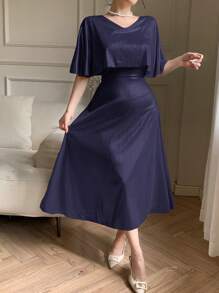 DAZY Elegant Solid Color V-Neck Mid-Length Casual Dress For Wedding Guest, Summer,Formal Women Dresses Prom Dress - Navy Blue - View 3