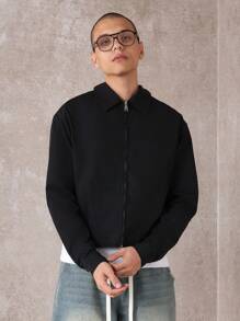 SUMWON Contemporary Zip Front Nylon Jacket Lightweight Urban Essential Minimalist Short Bomber Street Fashion Fall Spring Outwear - Black - View 2