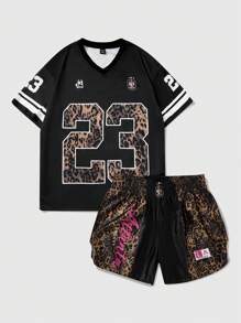 ROMWE MEN Street Life Summer Men 2pcs Set Street American Basketball Jersey Style Leopard Patchwork English Letter Graphic Print V-Neck Tee + Boxer Shorts
