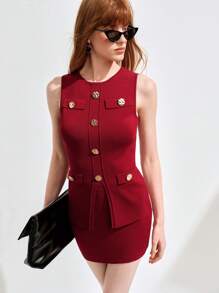 Aveloria 女士 2 件套：无袖圆领上衣和裙子，优雅针织毛衣，春夏 - 中紫紅色 - 查看 5