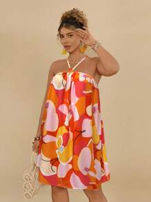 Travachic 大码花卉印花无袖橙色迷你连衣裙，女士休闲度假沙滩裙