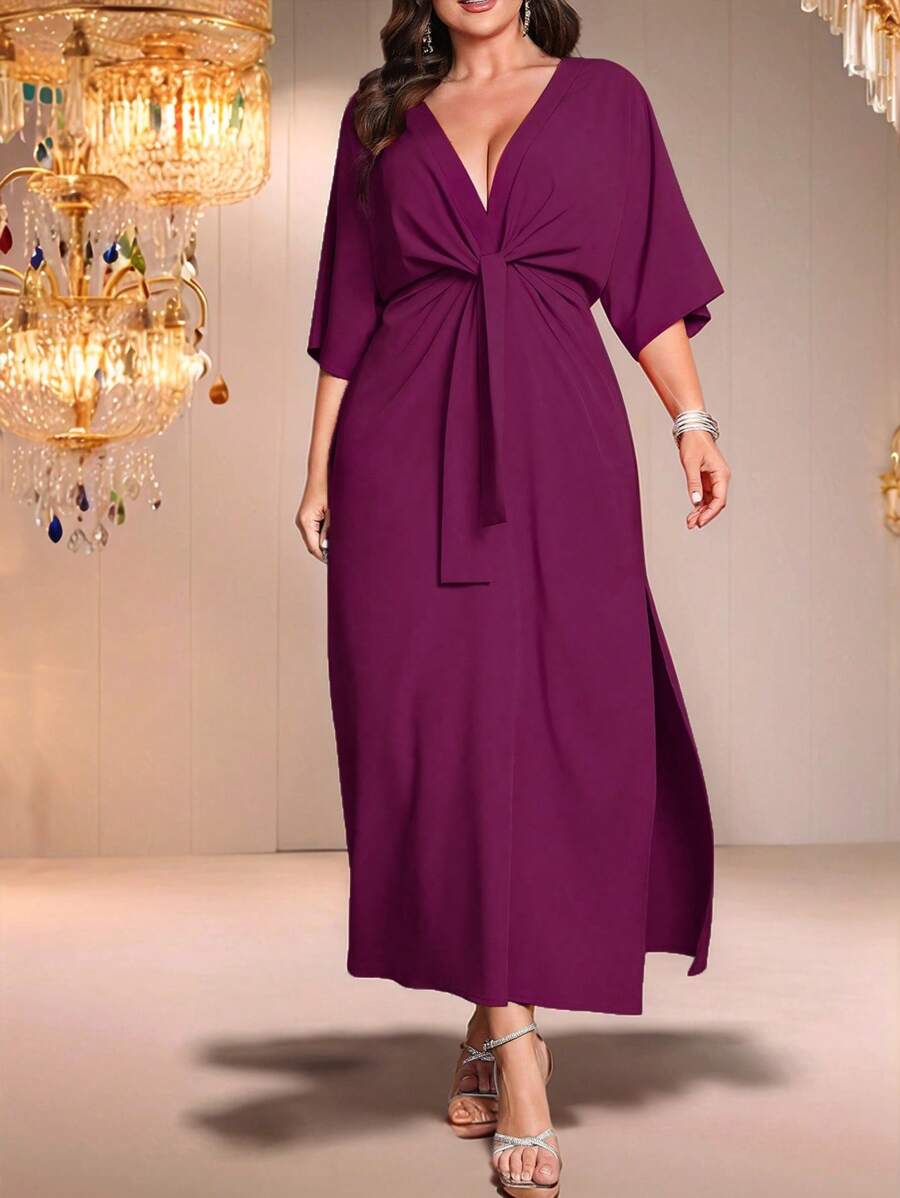 SHEIN Belle Plus Size Solid Color Deep V-Neck Cinched Waist Long Dress, Suitable For Summer - Purple - View 1