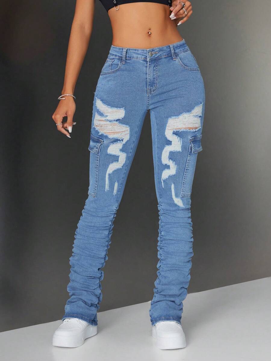 SHEIN ICON Women's Distressed Pleated Cargo Pocket High Waist Skinny Denim Jeans - Medium Wash - View 1